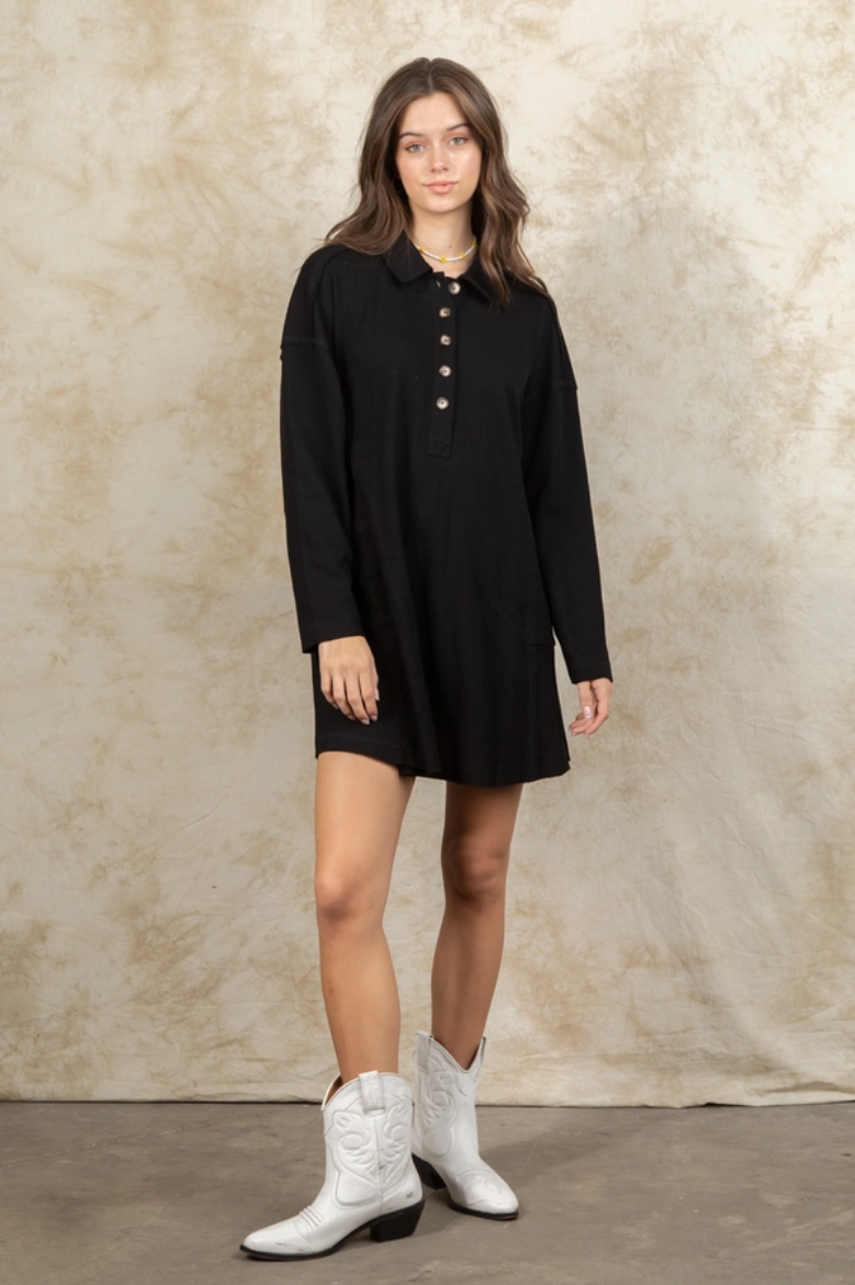 WAFFLE KNIT BUTTON DRESS- BLACK