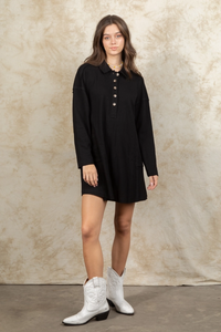 WAFFLE KNIT BUTTON DRESS- BLACK