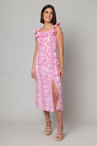 LINEN-LIKE RUFFLE NECK EMPIRE WAIST FLORAL MAXI DRESS