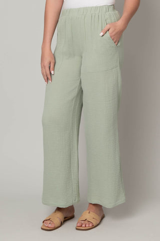 Green COTTON GAUZE PULL ON WIDE LEG PANT