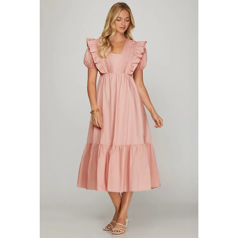 Pintuck Detail Side Pocket Midi Dress