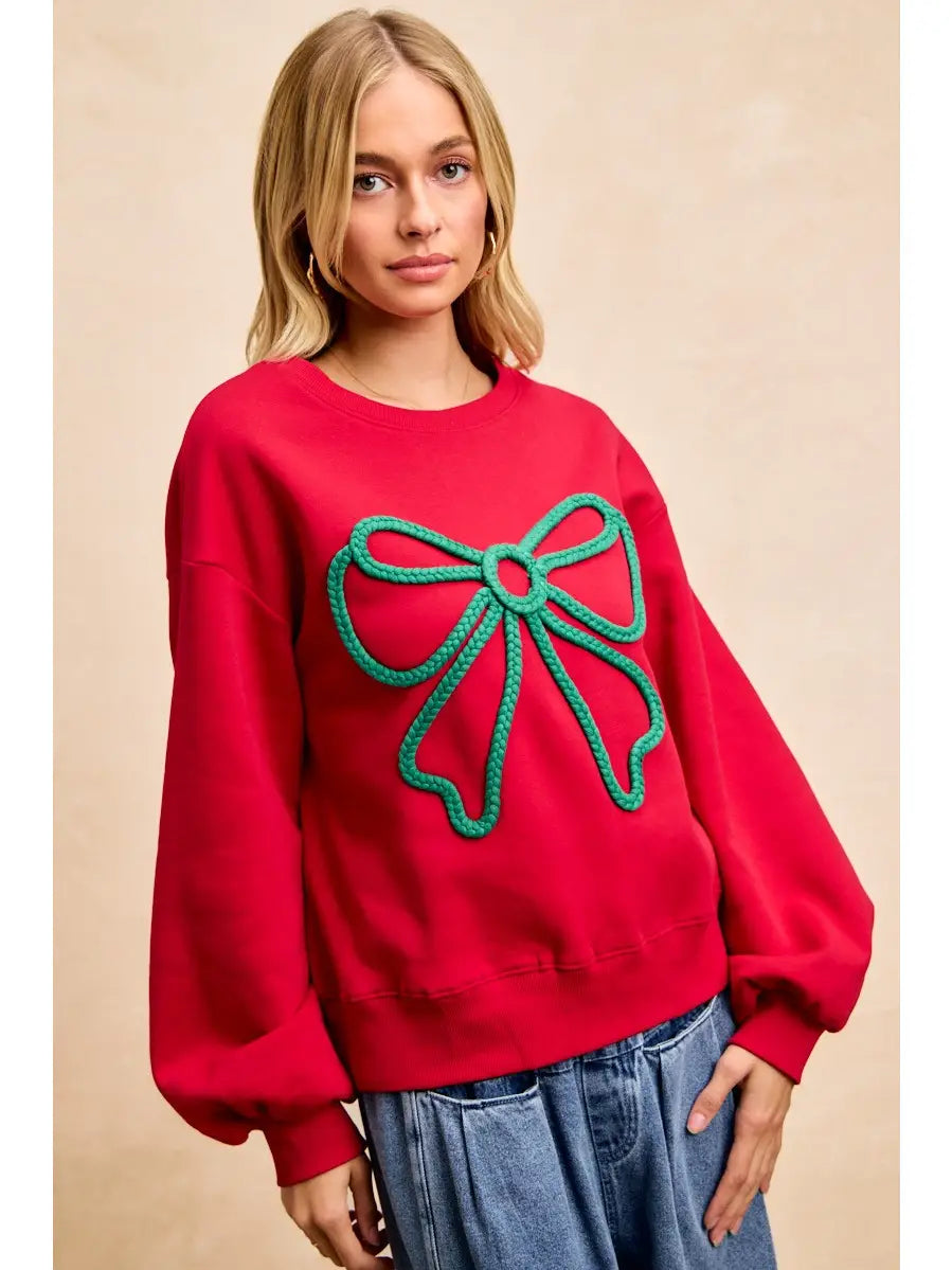 Brushed Terry Bow  Top Balloon Sleeves