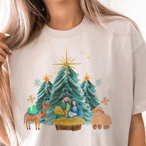 Nativity Christmas Tee Watercolor Faith Jesus Holiday Tshir