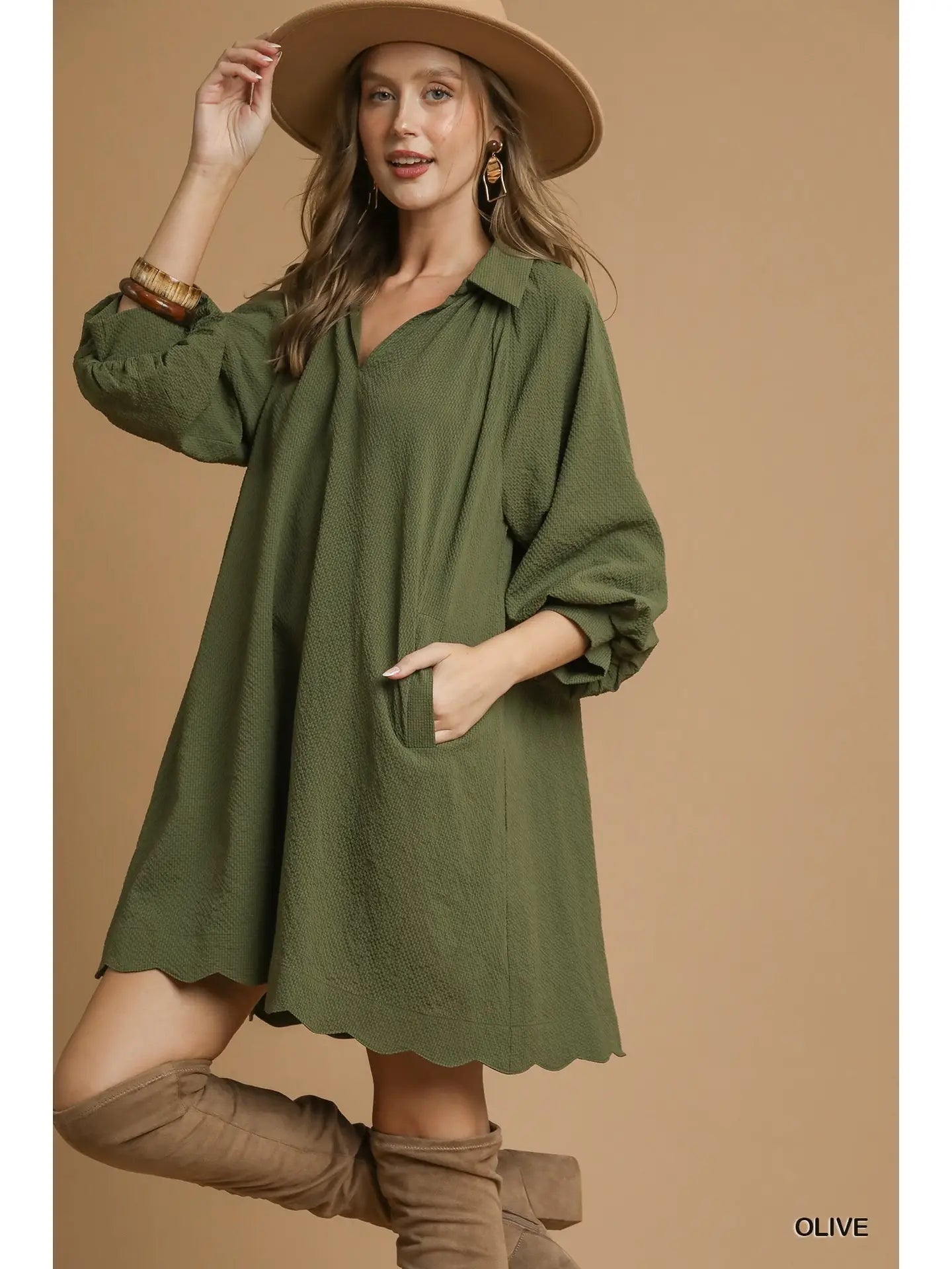 THE SCALOP DRESS-OLIVE