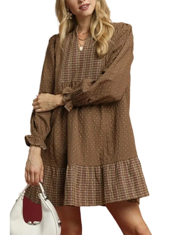 Polka Dot Plaid Trim Babydoll Dress
