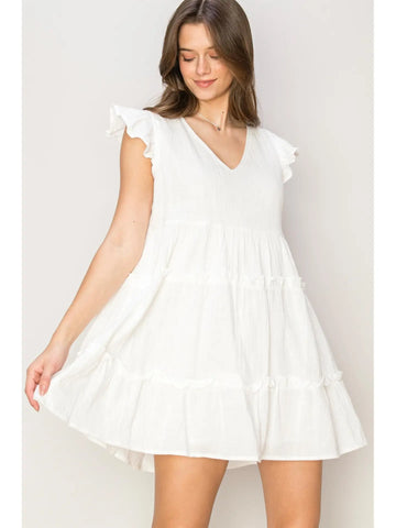 GAUZE TIERED MINI DRESS-WHITE