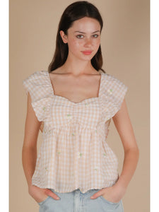 Embroidered Check Sleeveless Blouse-tan flower