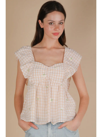 Embroidered Check Sleeveless Blouse-tan flower
