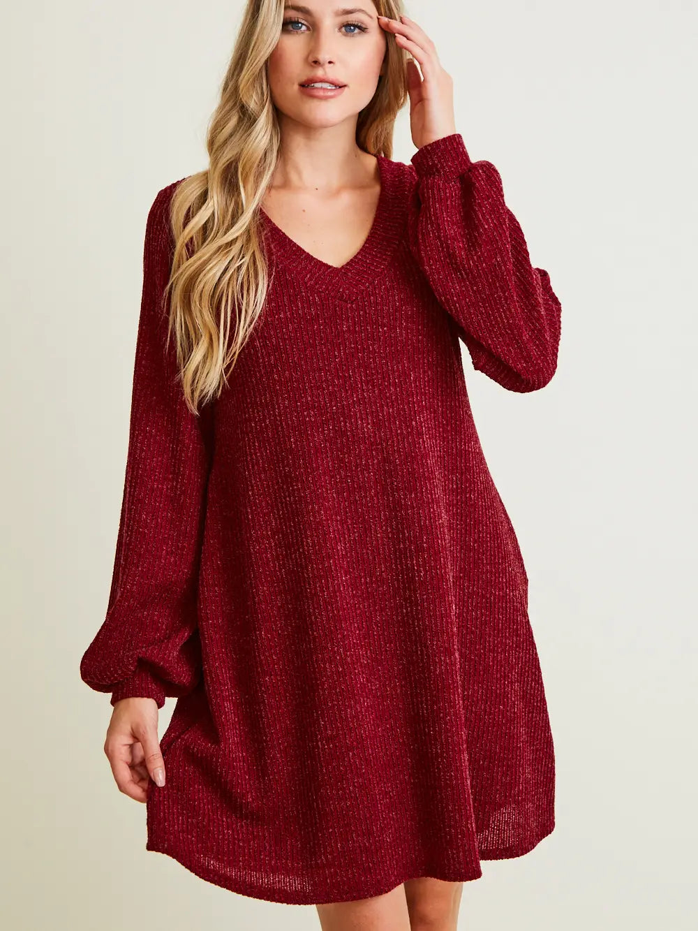 Wine V-Neck Rib Sweater Dress