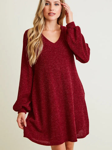 Wine V-Neck Rib Sweater Dress