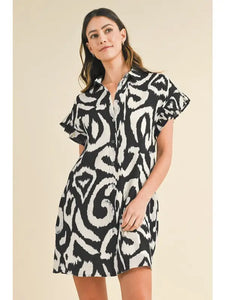 Abstract Printed Frill Sleeve Shirt Mini Dress