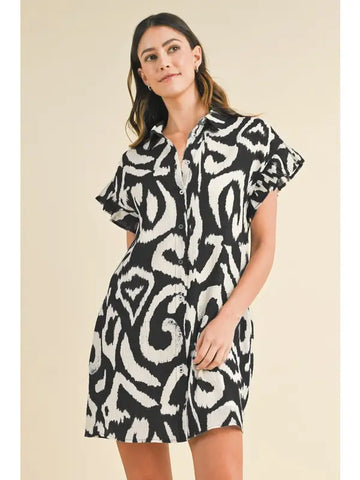 Abstract Printed Frill Sleeve Shirt Mini Dress