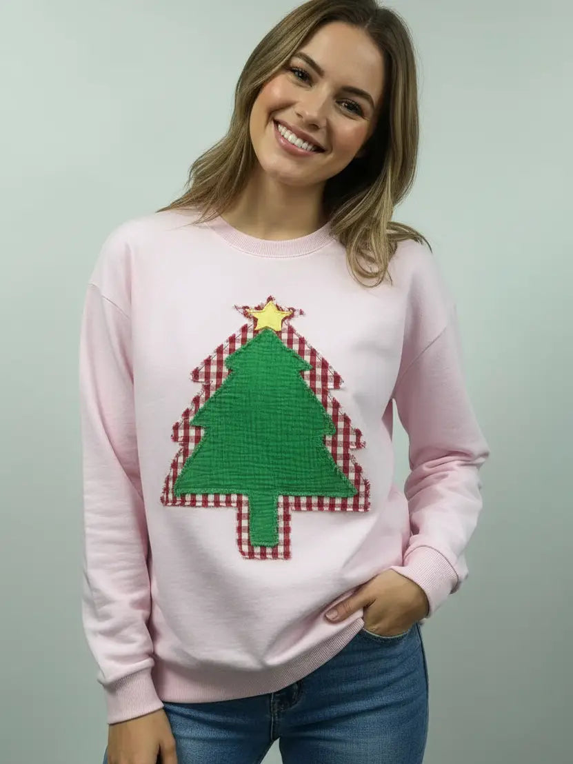 Christmas Tree 3D Gingham Sweatshirt Top Pink