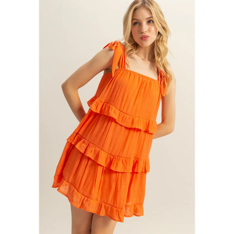 Self Tie Straps Ruffle Tiered Mini Dress