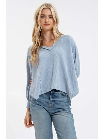 V Neck Asymmetrical Hem Long Sleeve Knit Top