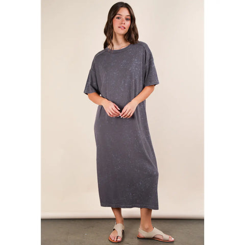 Mineral Washed Midi Dress-GRAY