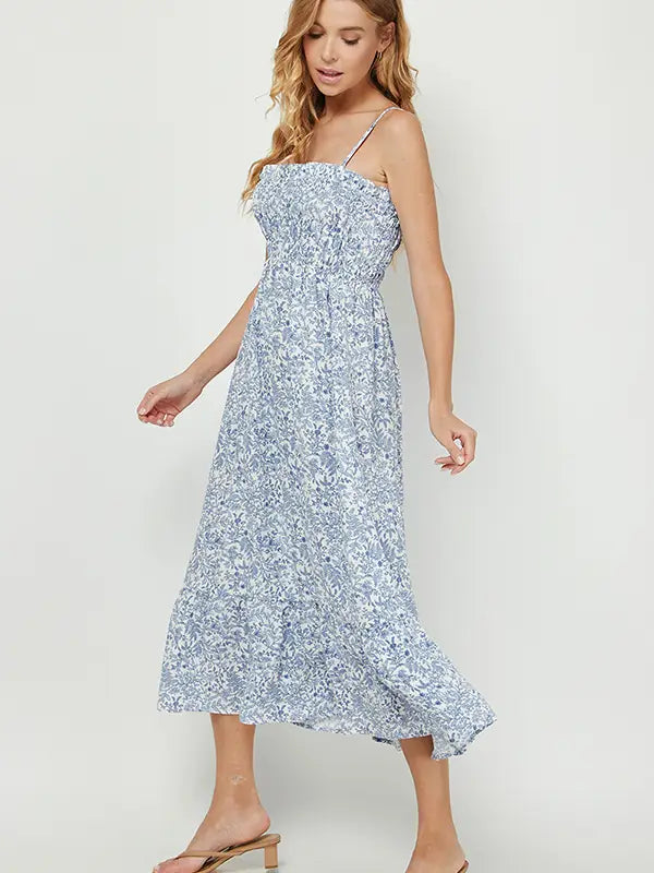 Summer Beach Blue Floral Printed Maxi Dress