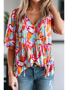 Women Abstract Print Pleated Half Sleeve Blouse