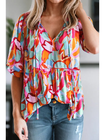 Women Abstract Print Pleated Half Sleeve Blouse