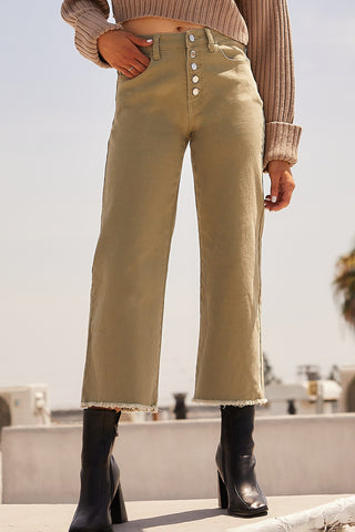 HIGH RISE STRETCH BUTTONS UP WIDE LEG-OLIVE