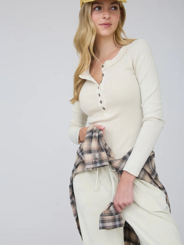 Ribbed Henley Knit Top-tan