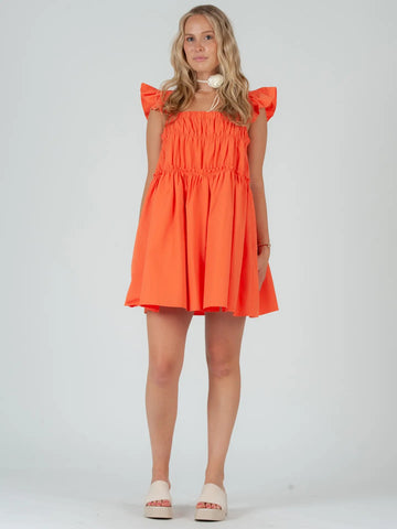 Poplin Tiered Flutter Sleeve Mini Dress in Orange
