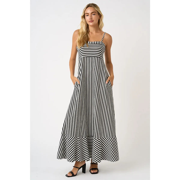 BLACK Striped Sleeveless Back Cutout Summer Maxi Dress