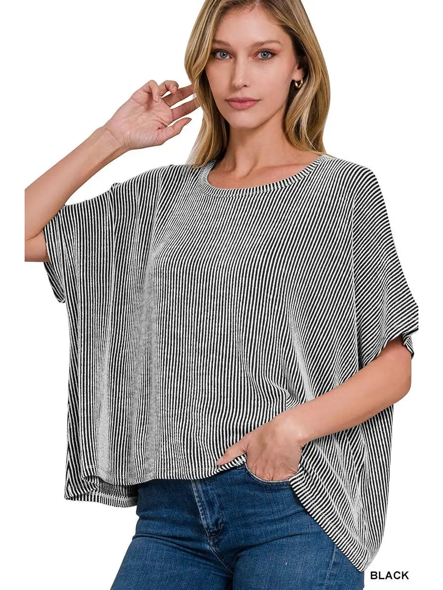 Ribbed Striped Oversized Short Sleeve Top BLACK