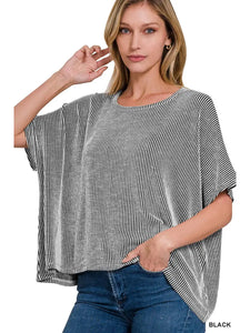 Ribbed Striped Oversized Short Sleeve Top BLACK