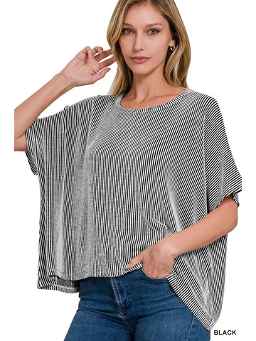 Ribbed Striped Oversized Short Sleeve Top BLACK