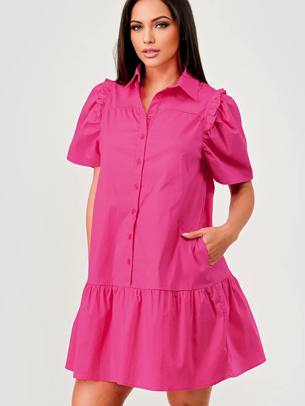 Cindy Short Sleeve Collared Button Down Dress Pink S-XL