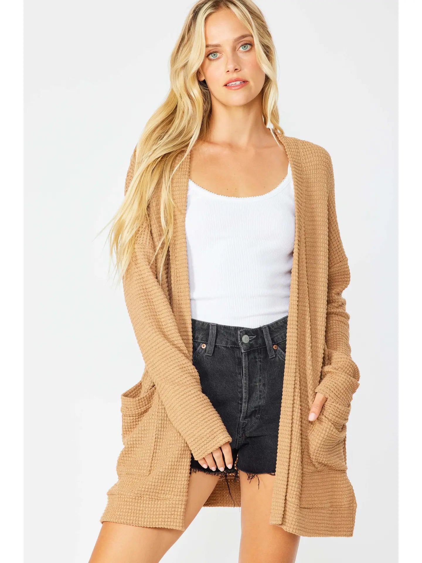 Waffle Knit Open Front Cardigan with Pockets
