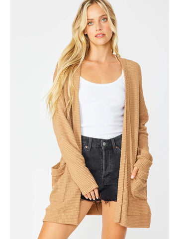 Waffle Knit Open Front Cardigan with Pockets