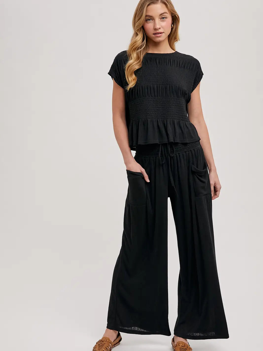Relaxed Knit Smocked Top and Wide Pants Set BLACK