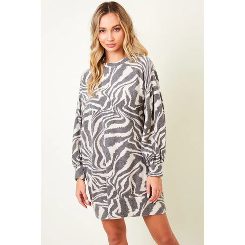 Grey Soft Brushed Zebra Animal Print Tunic Dress