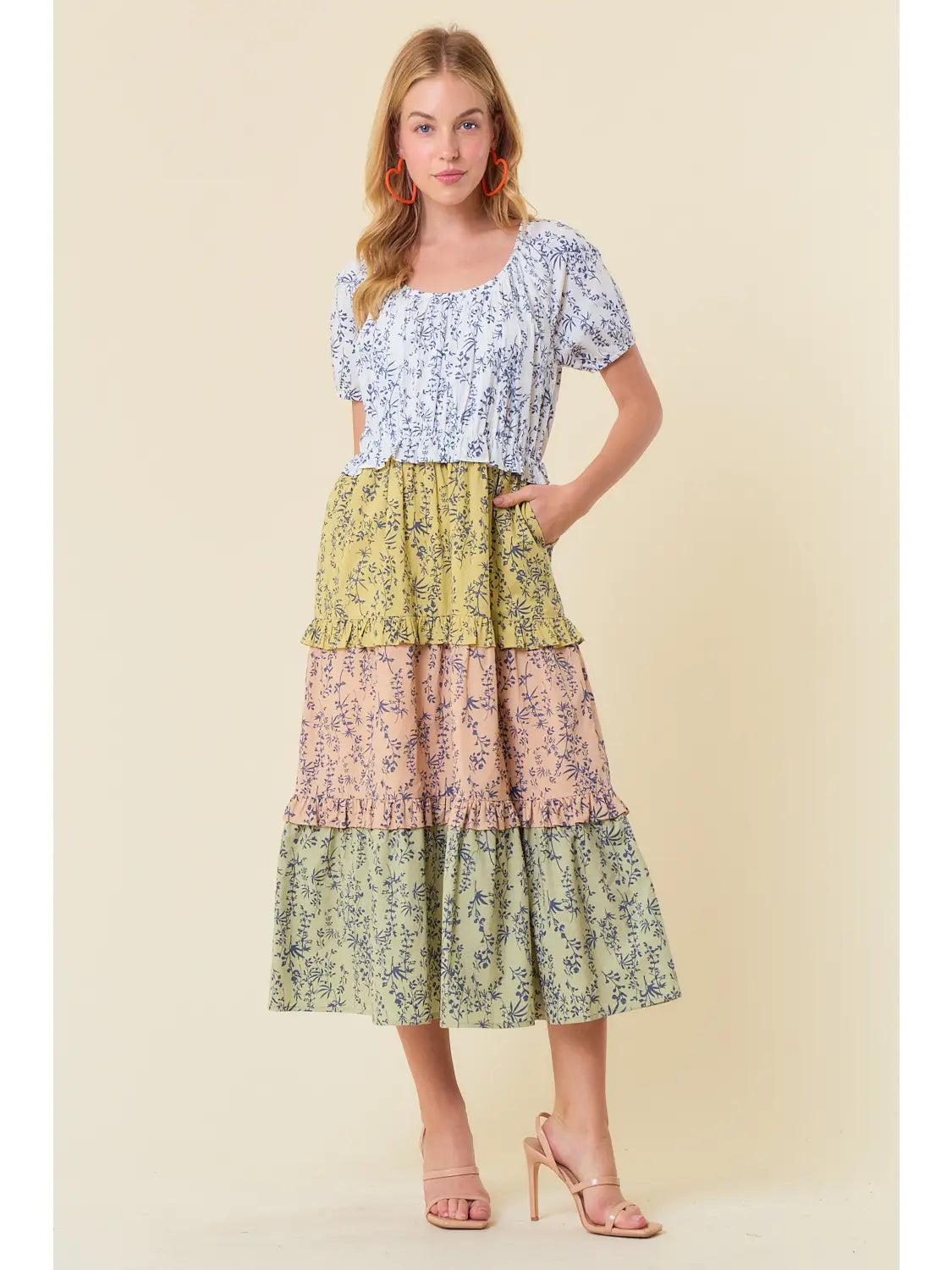 Floral Print Short Sleeve Color Block Midi Dress