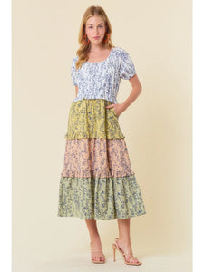 Floral Print Short Sleeve Color Block Midi Dress