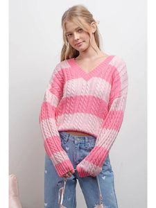 Stripe V Neck Cable Knit Pullover Sweater-pink