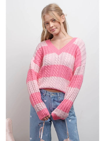Stripe V Neck Cable Knit Pullover Sweater-pink