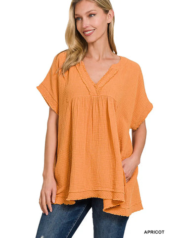 Raw Edge Short Sleeve V Neck Shirt