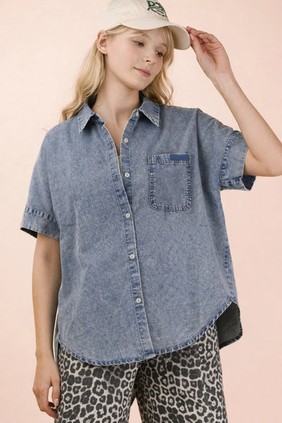 Mineral Washed Chambray Oversized Shirt Top