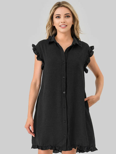 Avery Ruffle Button Down Dress Black