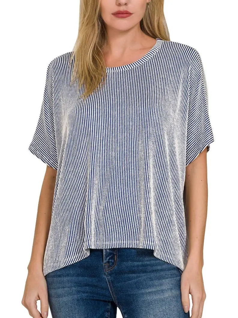 Ribbed Striped Oversized Short Sleeve Top NAVY