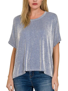 Ribbed Striped Oversized Short Sleeve Top NAVY