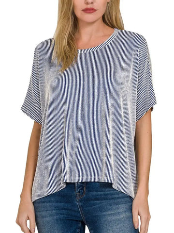 Ribbed Striped Oversized Short Sleeve Top NAVY