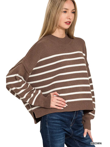 Exposed Seam Striped Oversized Sweater- BROWN
