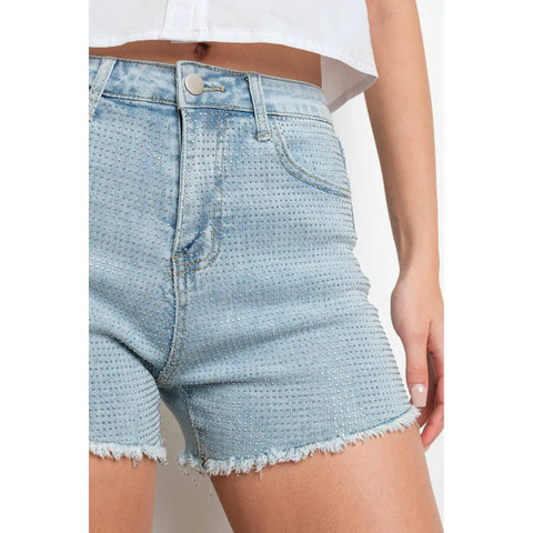 Hotfix Rhinestone Raw Hem Stretch Denim Shorts