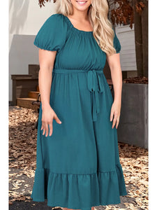 Plus Size Frilled U Neck Puff Sleeve Belted Midi Dress