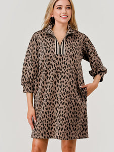 Mandy Leopard Print Fabric Zipper Dress Brown