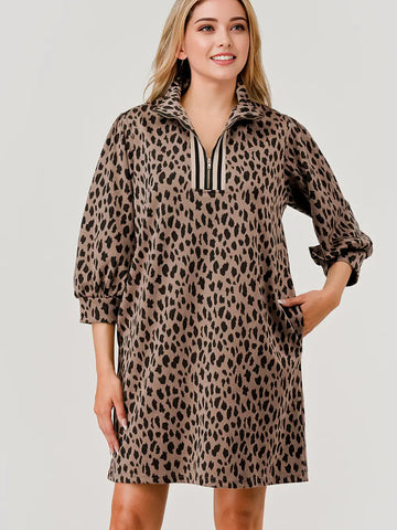 Mandy Leopard Print Fabric Zipper Dress Brown